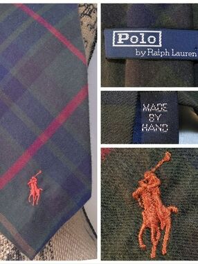 POLO RALPH LAUREN Tie MULTICOLOR Plaid Embroidered ORANGE PONY Handmade Vtg 90s